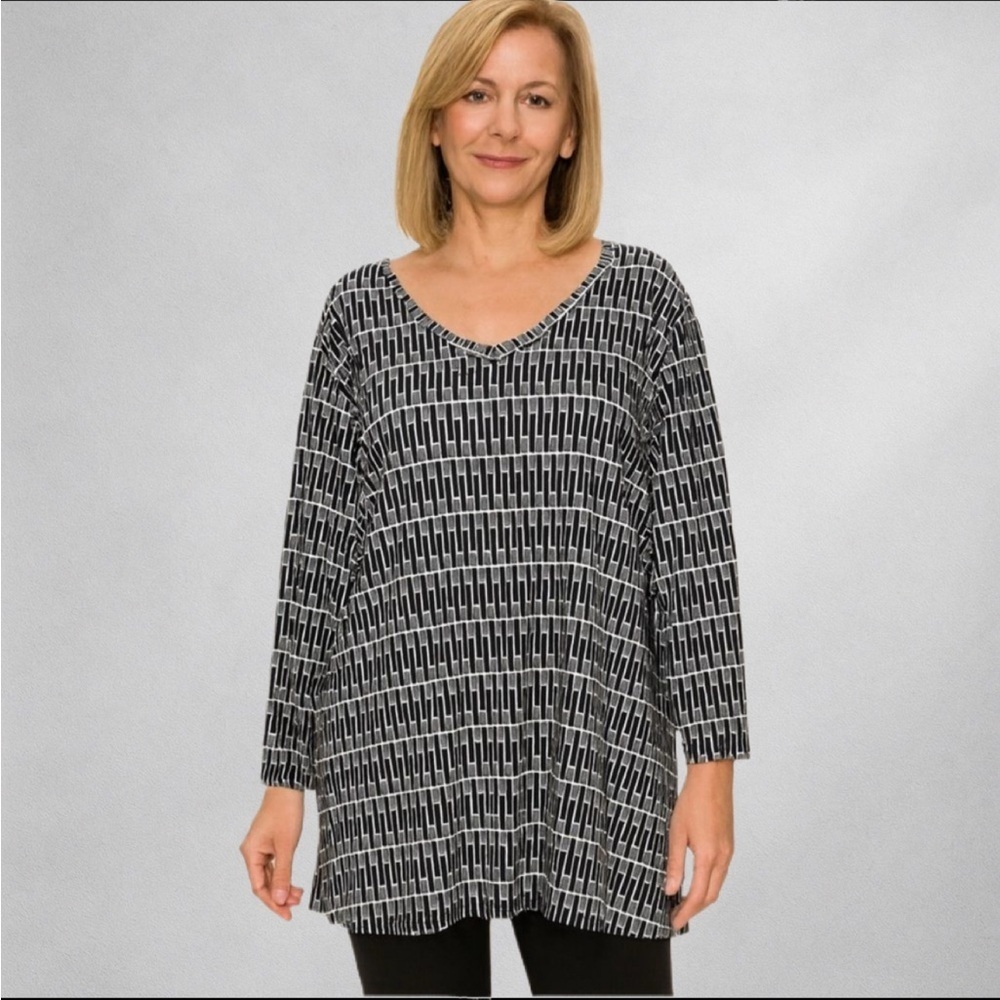 Nicole Miller 2x Womens Linen  Blouse Black White 3/4 Sleeve  New